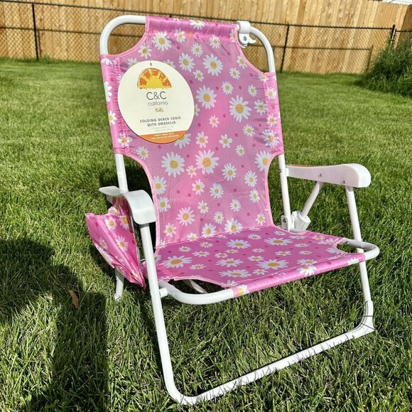 C&C CALIFORNIA Beach Chair Age 3-6 Daisy Pink Umbrella Foldable Cup Hold… - Picture 2 of 7